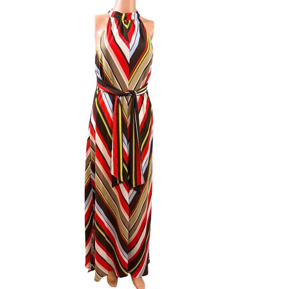 New‎ York & Company Striped Halter Maxi Dress Red Brown Large Petite NWT retro